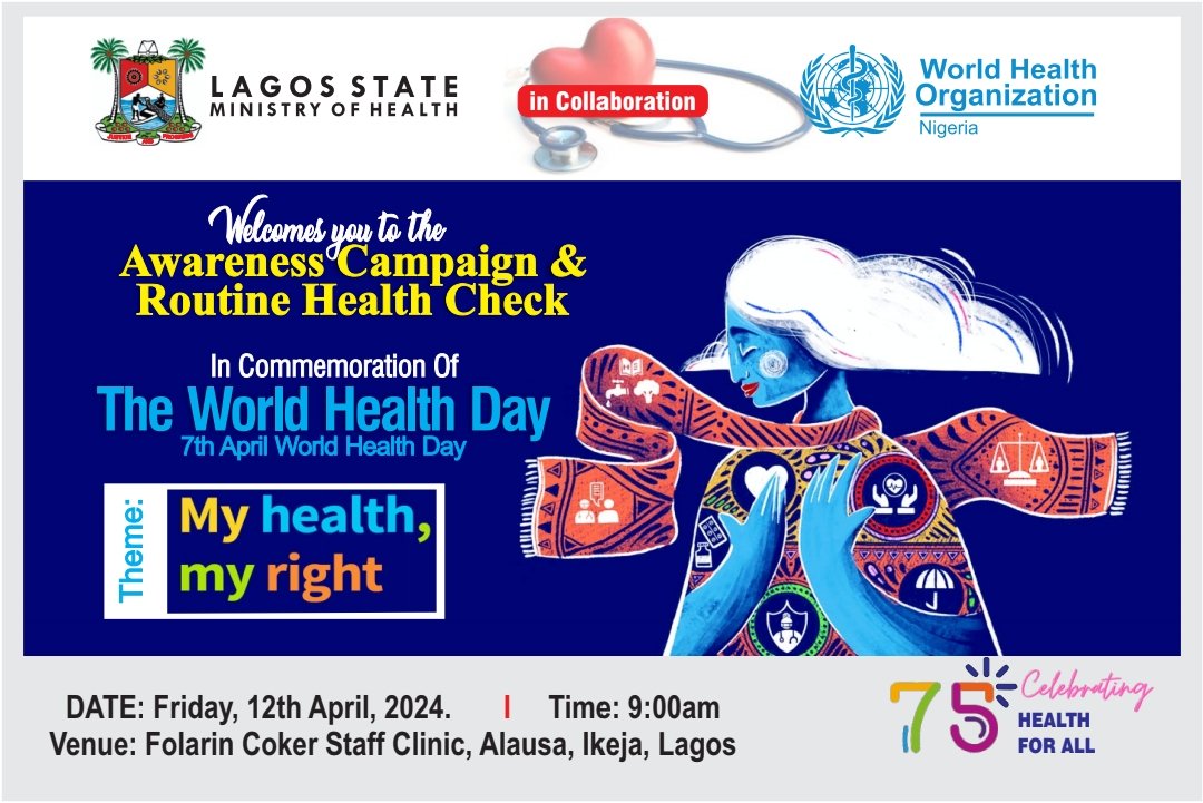📢 ANNOUNCEMENT 🔊 AWARENESS CAMPAIGN & ROUTINE HEALTH CHECK 📅 Date: Friday, April 12th, 2024 🕘 Time: 9:00am 📍 Venue: Folarin Coker Staff Clinic, Alausa, Ikeja 🎉 Join us, avail yourself of this opportunity for a routine health check. Let's prioritize our well-being together!