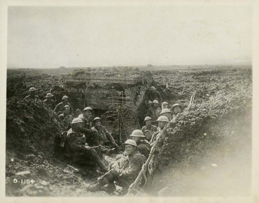 Canadian soldiers in a captured German machine-gun emplacement, Battle of Vimy Ridge, April 1917.