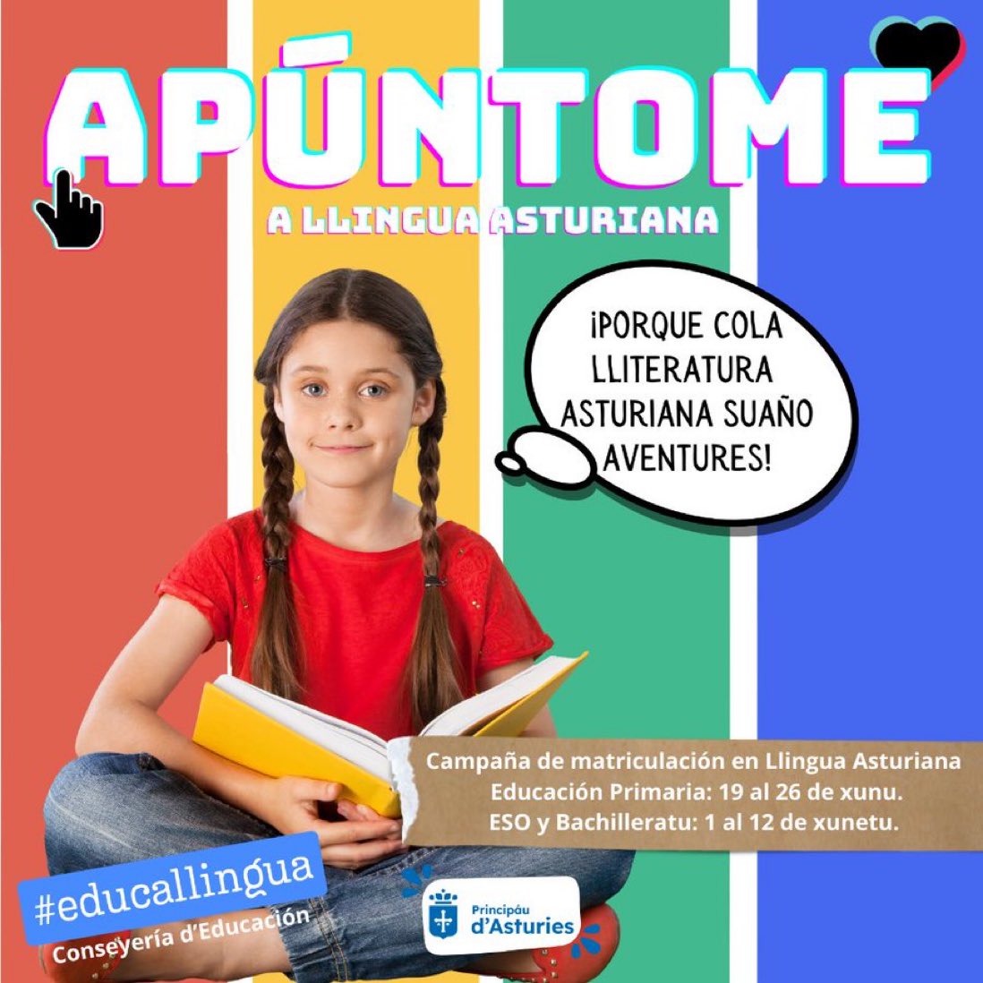 #Apúntome 💙💛

💙💛 ¡Porque presta falar asturianu!

💙💛¡Porque conoces meyor Asturies!

💙💛 ¡Porque tengo derechu a matriculame en tolos centros!