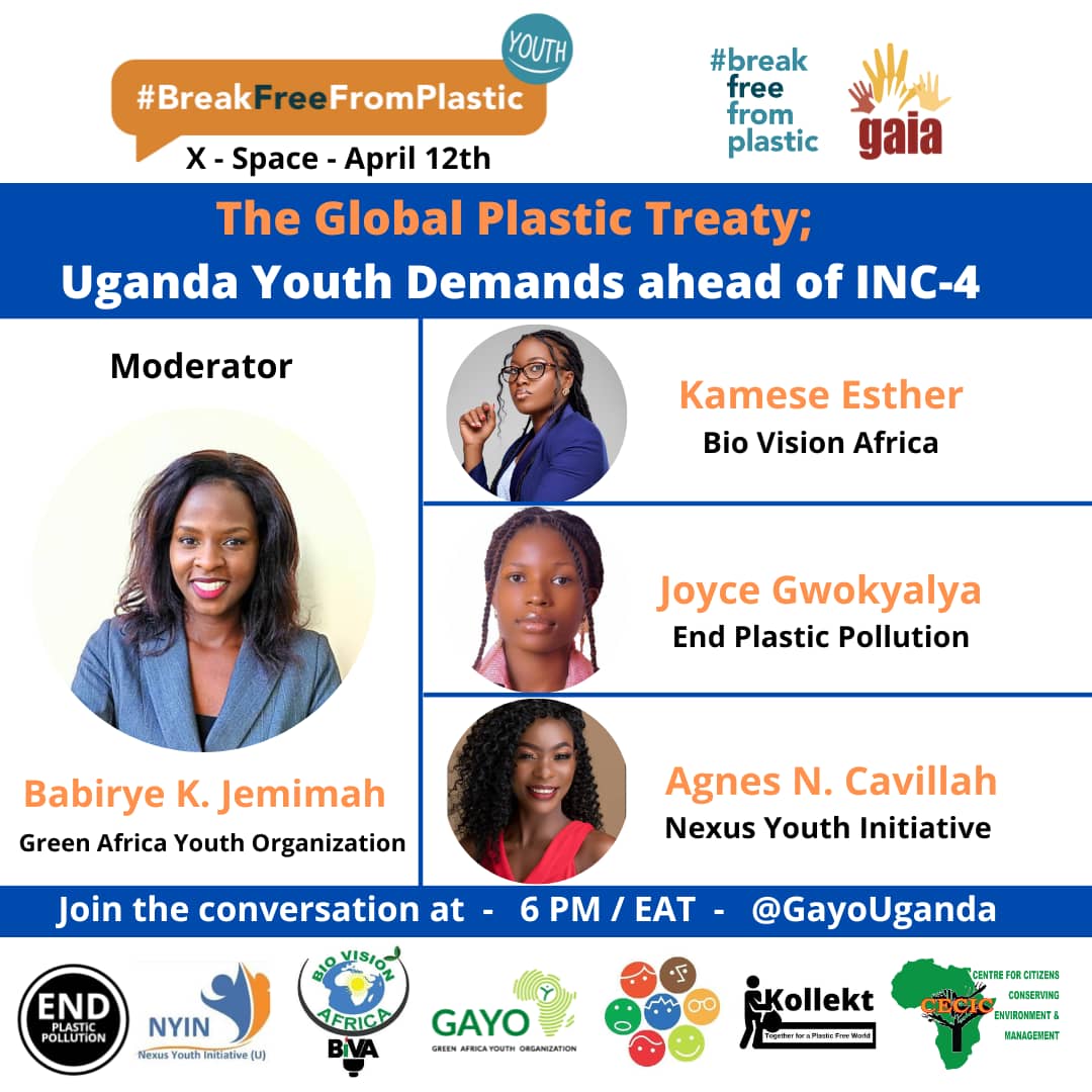 Tomorrow @NYINUganda together with other partners join together in discussing the Uganda Youth Demands ahead of the fourth sitting of the intergovernmental Negotiating Committee (INC-4) on ending plastic pollution Join us via x.com/i/spaces/1lDGL…