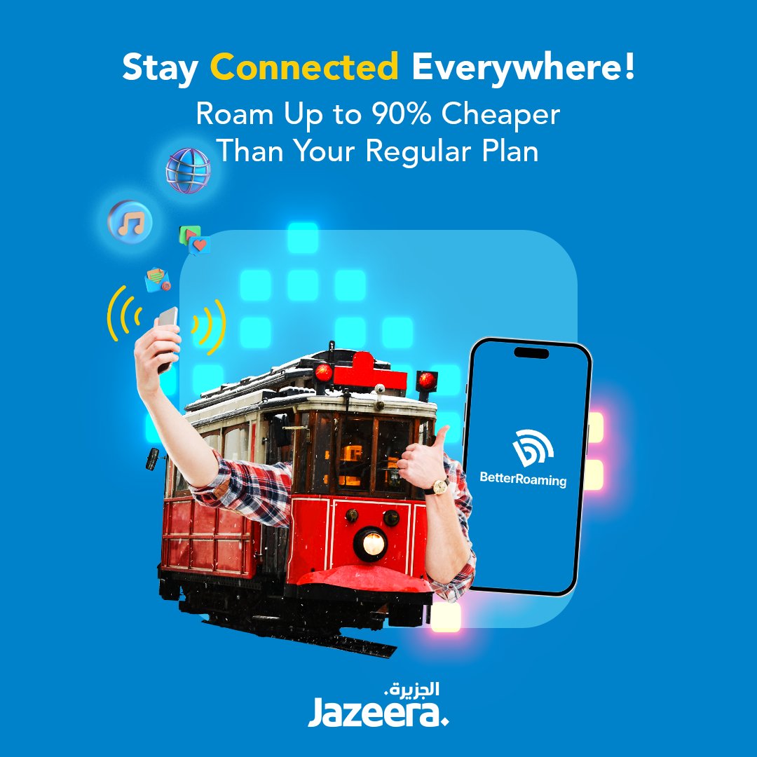 Discover Jazeera Airways' eSIM and experience: ✈️ Affordable roaming in 160+ countries (and counting!) ✅Blazing-fast 5G connectivity ✅Use alongside your existing SIM - never miss a call! Download your FREE eSIM today! betterroaming.com/partner/jazeer…
