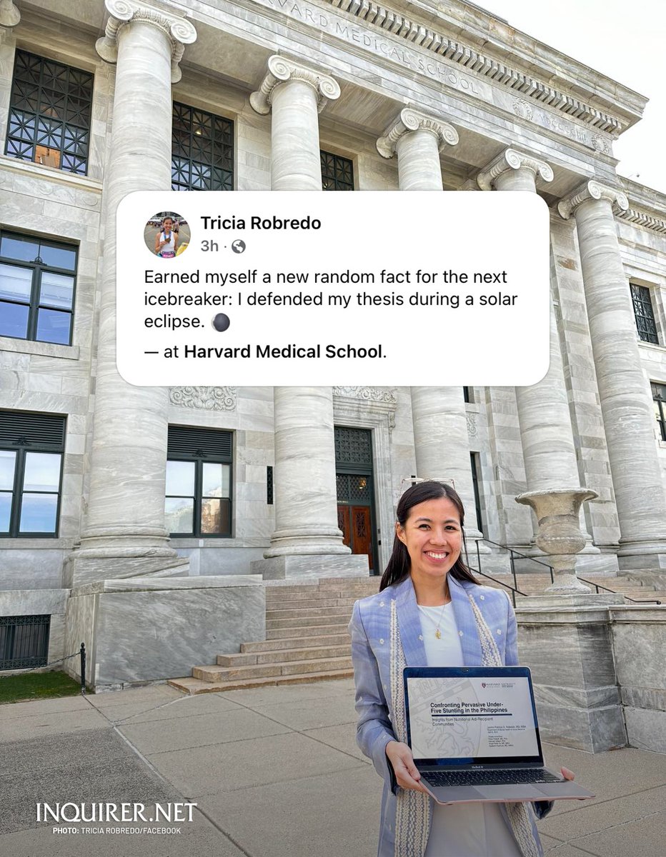 inquirerdotnet's tweet photo. CONGRATULATIONS, TRICIA! 

LOOK: Tricia Robredo, daughter of former Vice President Leni Robredo, has achieved a new milestone by successfully defending her thesis at Harvard Medical School during a solar eclipse. | 📸: Robredo/Facebook https://t.co/hgyju0Cxd9