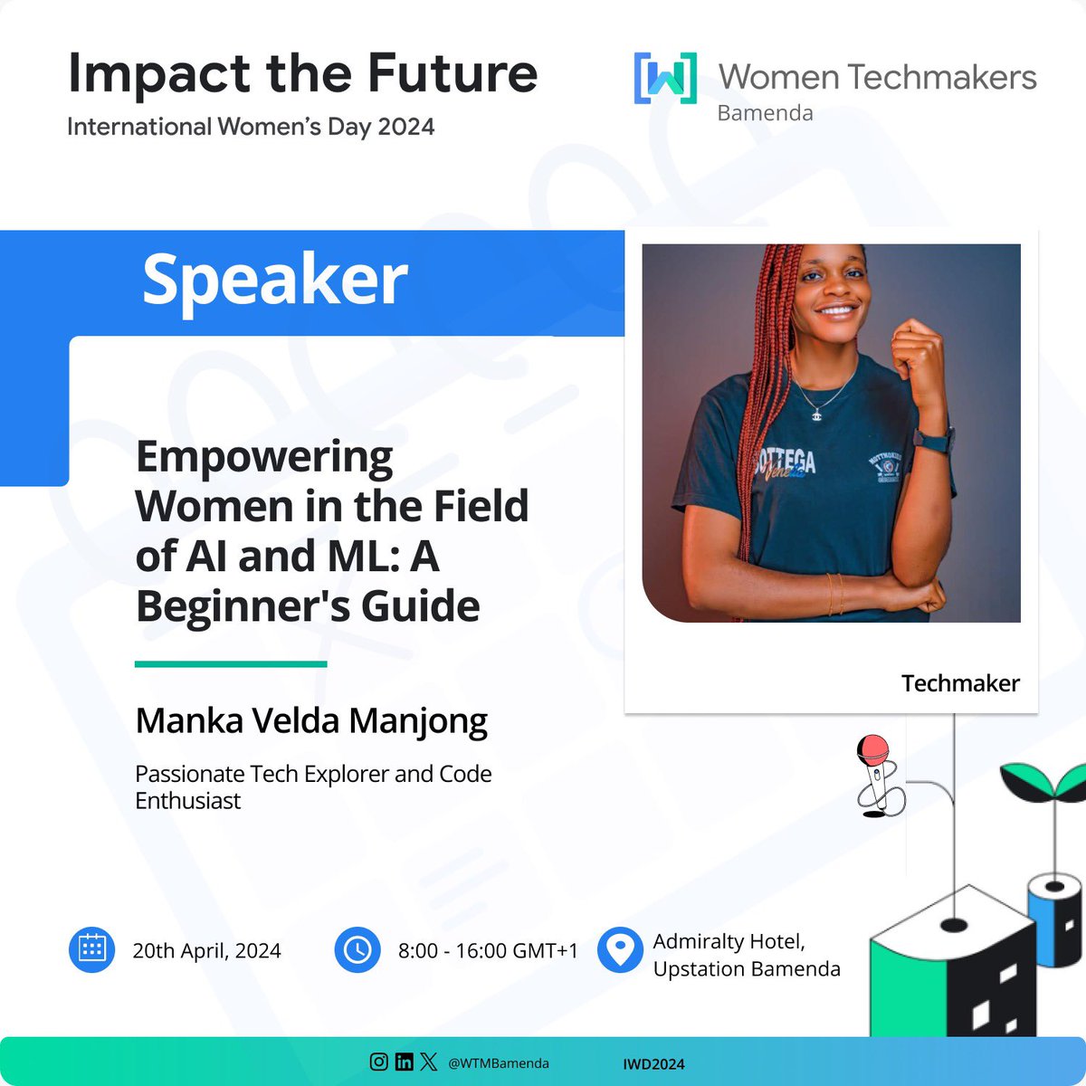 Meet our 2nd speaker - @MankaVelda a Passionate Tech Explorer

Talk Title: Empowering Women in the field of AI & ML

RSVP: bit.ly/WTMBamenda-IWD…

📅 20th April 2024
🏢 Admiralty Hotel Upstation
🕰️ 8:00am

#WTMBamenda
#WTMBamendaIWD
#IWD2024
#Impactthefuture
#WTMImpacttheFuture
