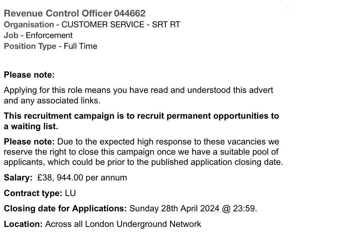 London Underground are recruiting again! This time they are looking for friendly, reliable and helpful people to become ‘Revenue Control Officers’. Retweet to help someone out. Apply here: tfl.taleo.net/careersection/…