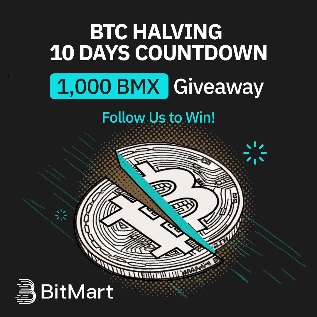 💯 Hãy tham gia chương trình tặng quà #BMX #1.000 của chúng tôi để chào mừng 10 ngày đếm ngược tới #BTCHalving! 🔜 1️⃣ Theo dõi chúng tôi: @BitMartExchange 2️⃣ RT & tag 3 người bạn 3️⃣ Điền thông tin: gleam.io/competitions/1… 👉Đăng ký tài khoản BitMart :…