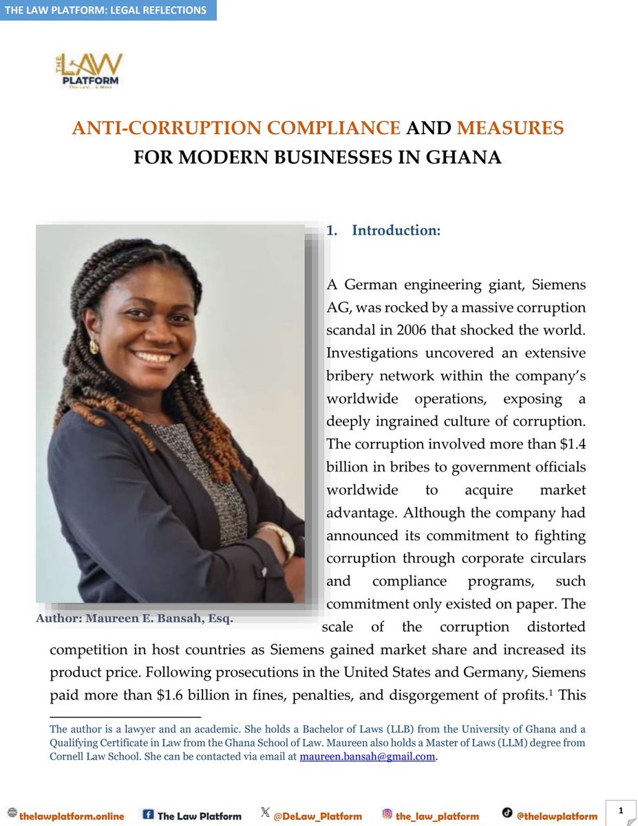 1/2
Maureen Bansah Esq. reflects on the risks and exposures to graft Ghanaian companies and businesses may be faced with. In her insightful reflection, she explores anti-corruption measures and compliance schedules a company may draw up or adopt to safeguard its officers and