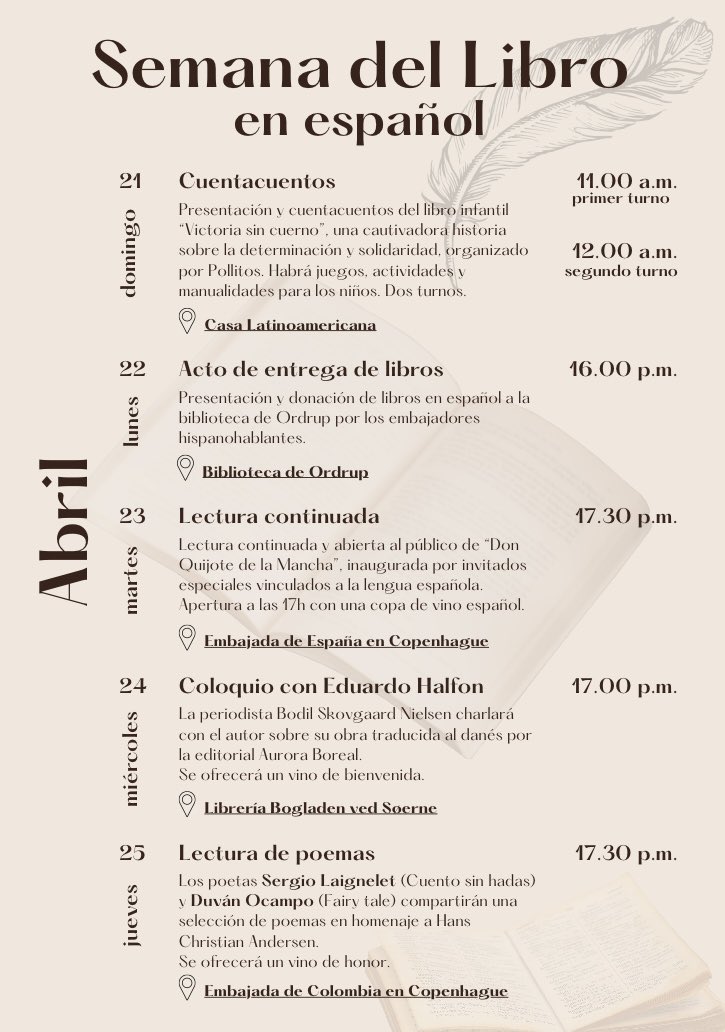 📚¡Acompáñanos en la celebración de la Semana del Libro en español! Únete a los eventos organizados que tendrán lugar del 21 al 25 de abril para disfrutar de una experiencia enriquecedora desde una perspectiva hispanohablante.