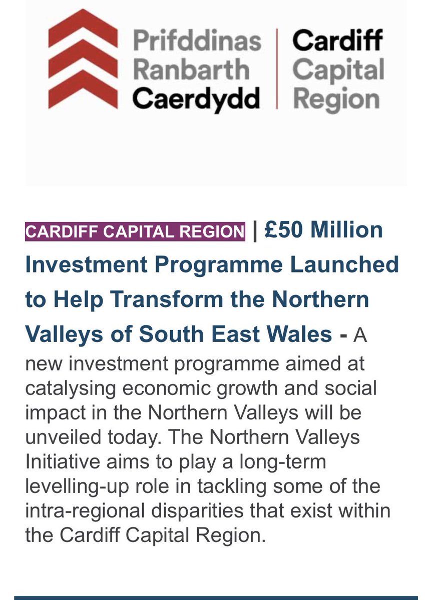 Good to see this starting today. @aCapitalRegion launching a £50 million investment fund into the Heads of the Valley’s area - much needed. It’s not a huge sum as funds go so some wise investment decisions will be needed if impact is to be had.