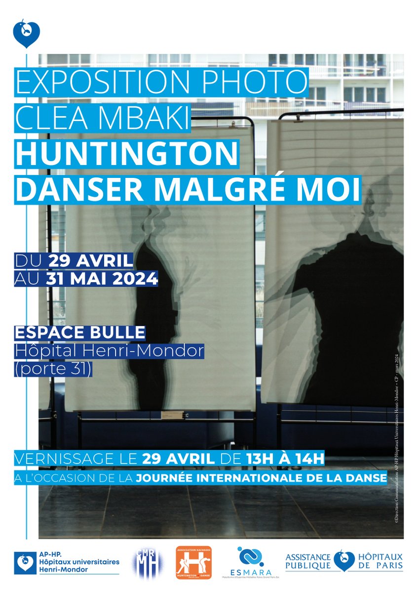 A l’occasion de la Journée Internationale de la Danse💃, la plateforme #maladiesrares #ESMARA vous invite au vernissage de l’expo photo📷#Huntington, danser malgré moi par Cléa Mbaki lundi 29/04 de 13h à 14h à l’Espace Bulle d'Henri-Mondor. Pour + d’infos➡️bit.ly/3TwoUrI