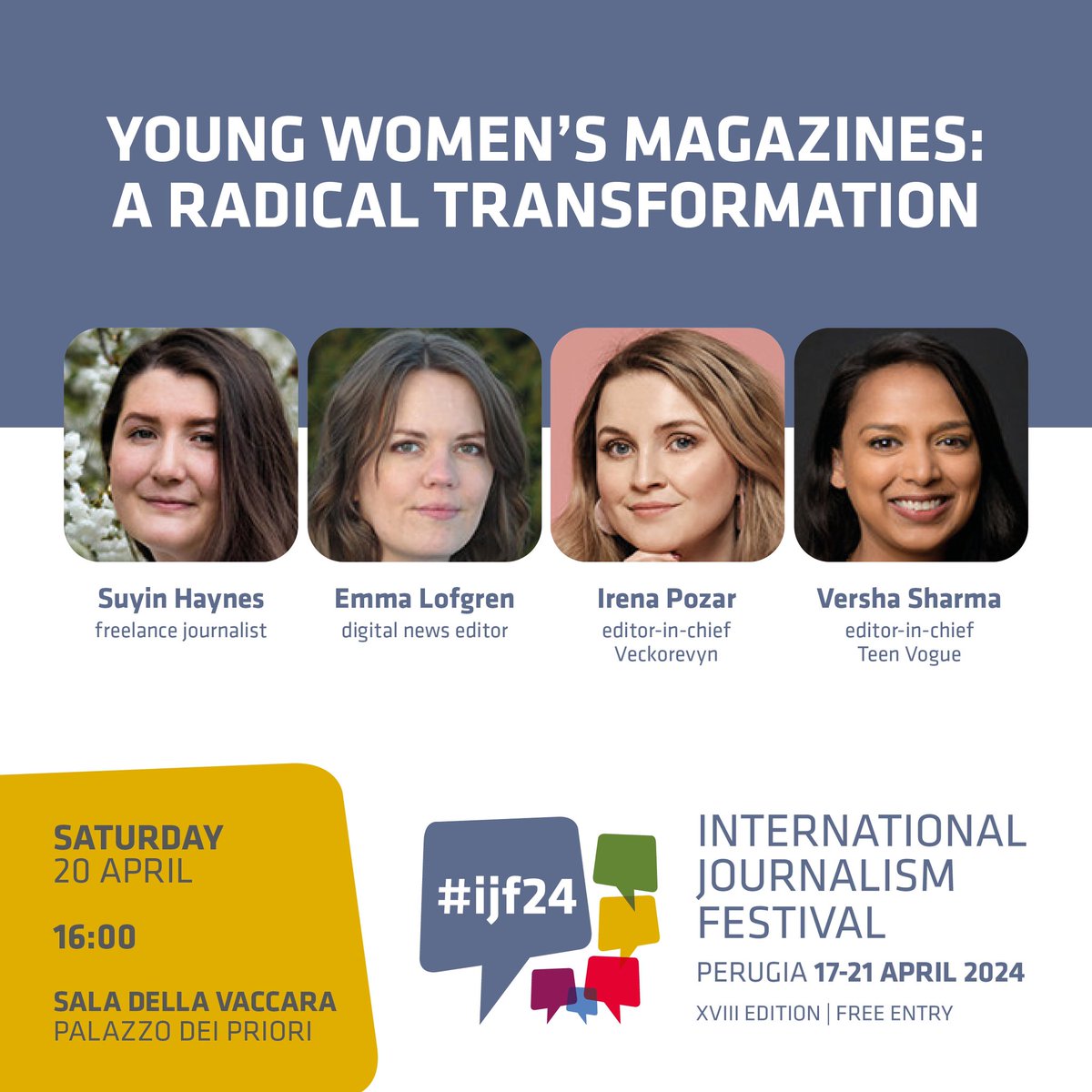 🔴 SAVE THE DATE! 'Young women’s magazines: a radical transformation'. #ijf24 with @suyinsays @ekjlofgren @irena_pozar @versharma 🎥Live & On Demand > Sat, 20 Apr journalismfestival.com/programme/2024…