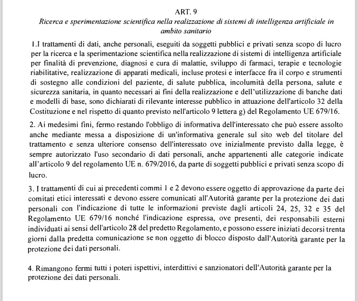 L’articolo 9 della bozza di DDL Intelligenza Artificiale costituirebbe un gravissimo errore, politico e giuridico. Se passasse così, sarebbe incompatibile sia con il GDPR sia con l’AI Act. Non risolverebbe inoltre il problema degli studi osservazionali restrospettivi bloccati