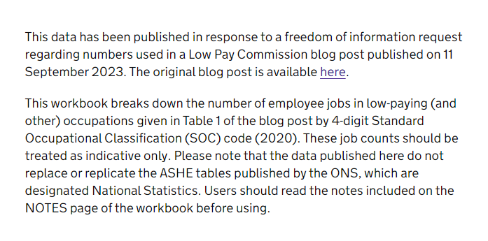Indicative counts of employee jobs in low-paying occupations gov.uk/government/pub… data table released by @lpcminimumwage (UK) Blog post from September minimumwage.blog.gov.uk/2023/09/11/the… + list of sectors and related data gov.uk/government/pub… #FOI #lowpay #minimumwage #opendata