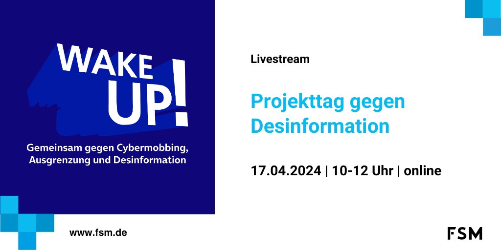 Am 17. April #TagderJugendinformation findet von 10-12:15 ein Livestream-Event für Schulklassen zum Thema #Desinformation und #Demokratiebildung der Initiative #WAKEUP von <a href="/telefonica_de/">Telefónica Germany</a> mit der FSM statt! Infos und kostenfreie Anmeldung: wakeup.jetzt
#Medienbildung