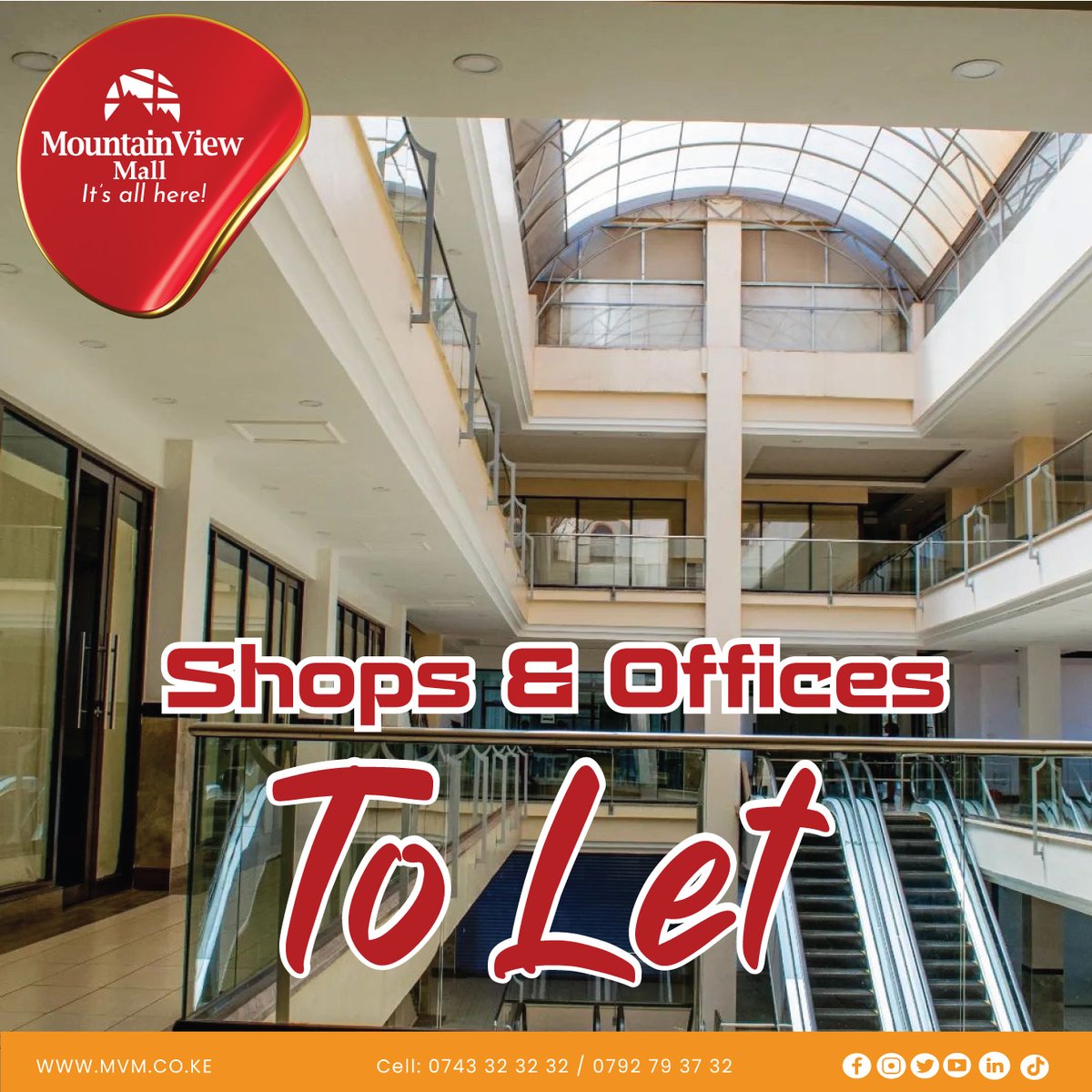 Looking for a good business space in
Kangemi or Mountain View along Waiyaki way?
The mall setup offers an entirely sustainable and
environmentally conscious working set-up. 
Call us Today and book your space #Sigor
mvm.co.ke
#everyone #mall #propertymarket