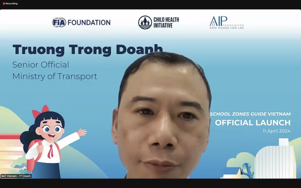 Mr. Truong Trong Doanh from the Ministry of Transport of Vietnam delivers remarks at the launch of the SSZ Guide highlighting the importance of prioritizing safe school students for every student. ➡️Follow the webinar live on Zoom: lnkd.in/ey7C4iY8 #RethinkMobility