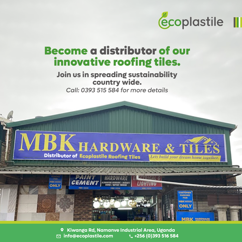 Expand your horizons with Ecoplastile! Become a distributor of our innovative roofing tiles made from recycled plastic waste and join us in spreading sustainability worldwide.
Visit our website ecoplastile.com or give us a call on 0775796781  @FrancKamugyisha