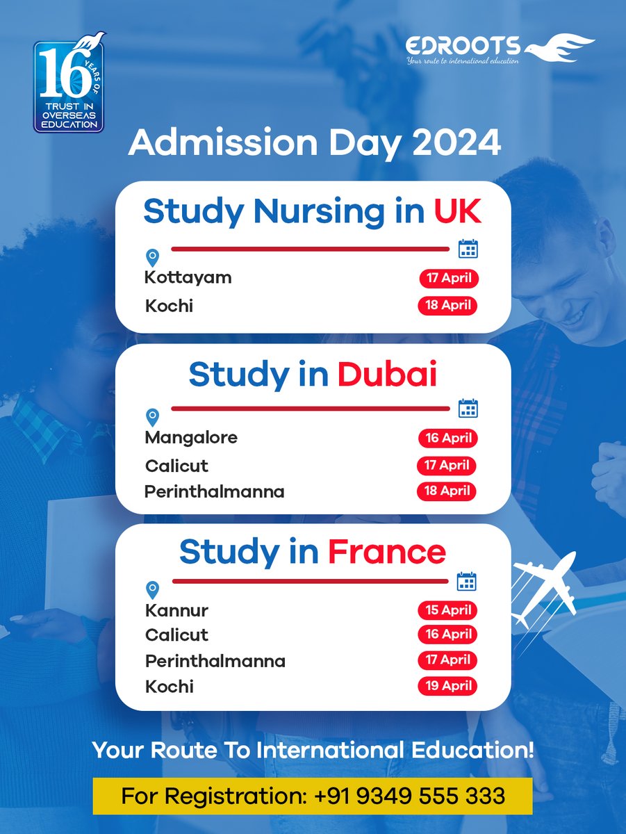 Mark your date!📌

Visit the branches of #EdrootsInternational on these dates and take a decisive step to upgrade your career!
.
.
#StudyAbroad #InternationalEducation #GlobalCareerOpportunities #WorldClassEducation #AdmissionDay2024 #Edroots