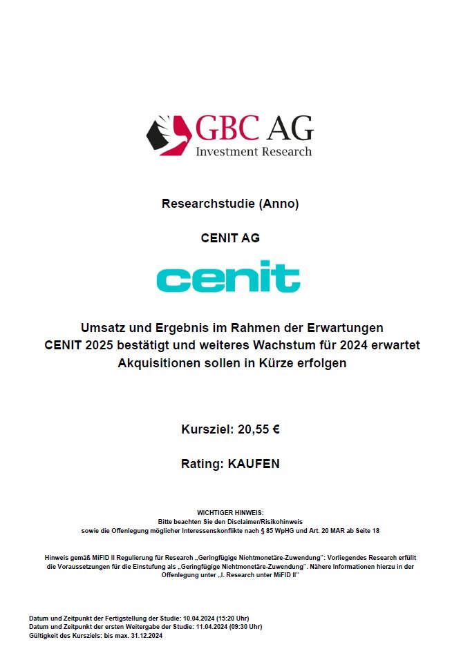 #CenitAG #ResearchAnno Rating: Kaufen Kursziel: 20,55€ @cenitAG 'Umsatz und Ergebnis im Rahmen der Erwartungen' #SmallCaps #Börse #Aktie #Research #Software t1p.de/uwk0o