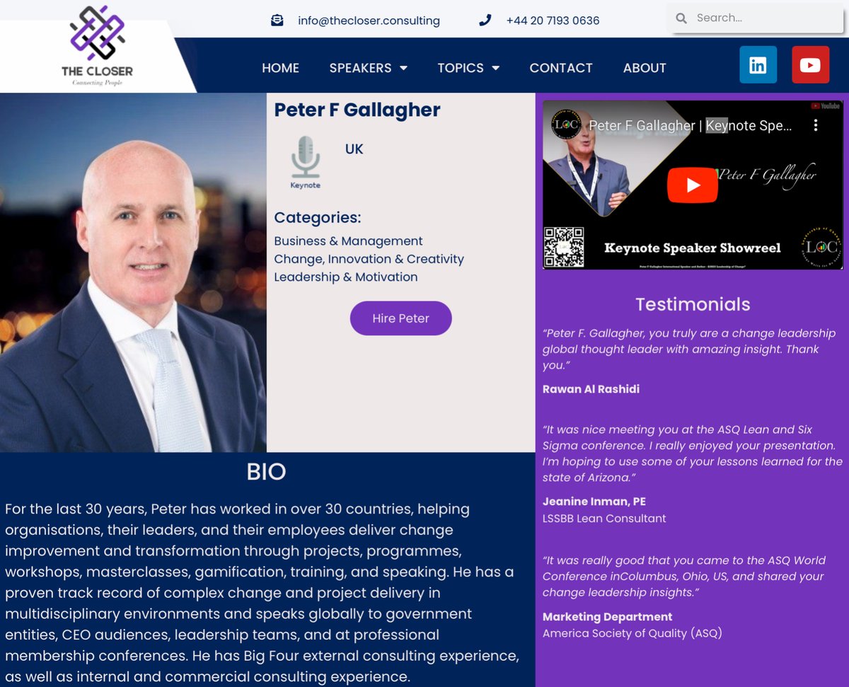 #LeadershipofChange
Peter F Gallagher
Now Listed - The Closer Speakers' Consultancy Ltd
Speaks on:
Business & Management
Change, Innovation & Creativity
Leadership & Motivation
#ChangeManagement
bit.ly/3PdhmrV