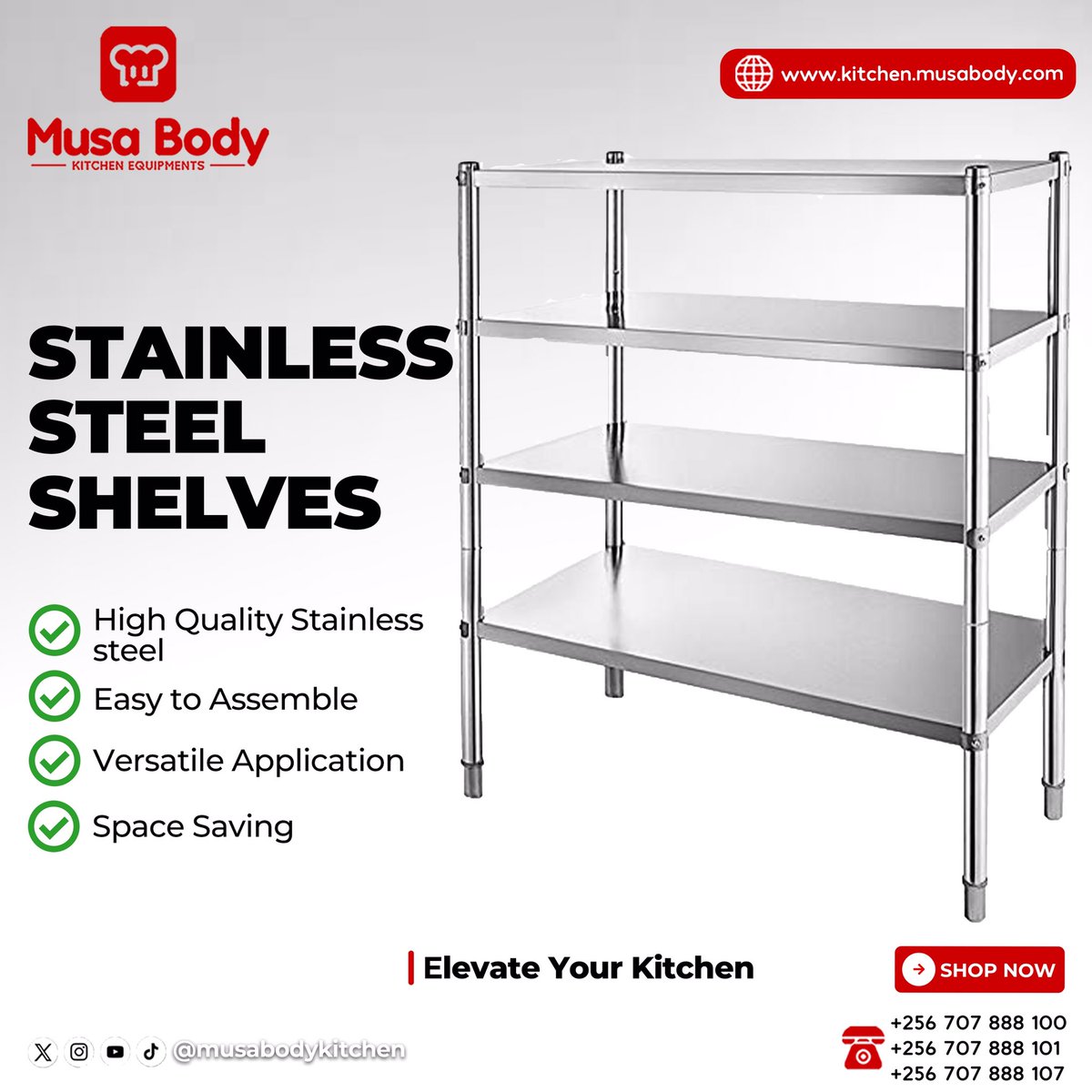 Stainless steel shelves, in particular, are a popular choice for storage and display needs in office, retail, food service, laboratory, and residential environments. Available @musabodykitchen #KampalaCreme