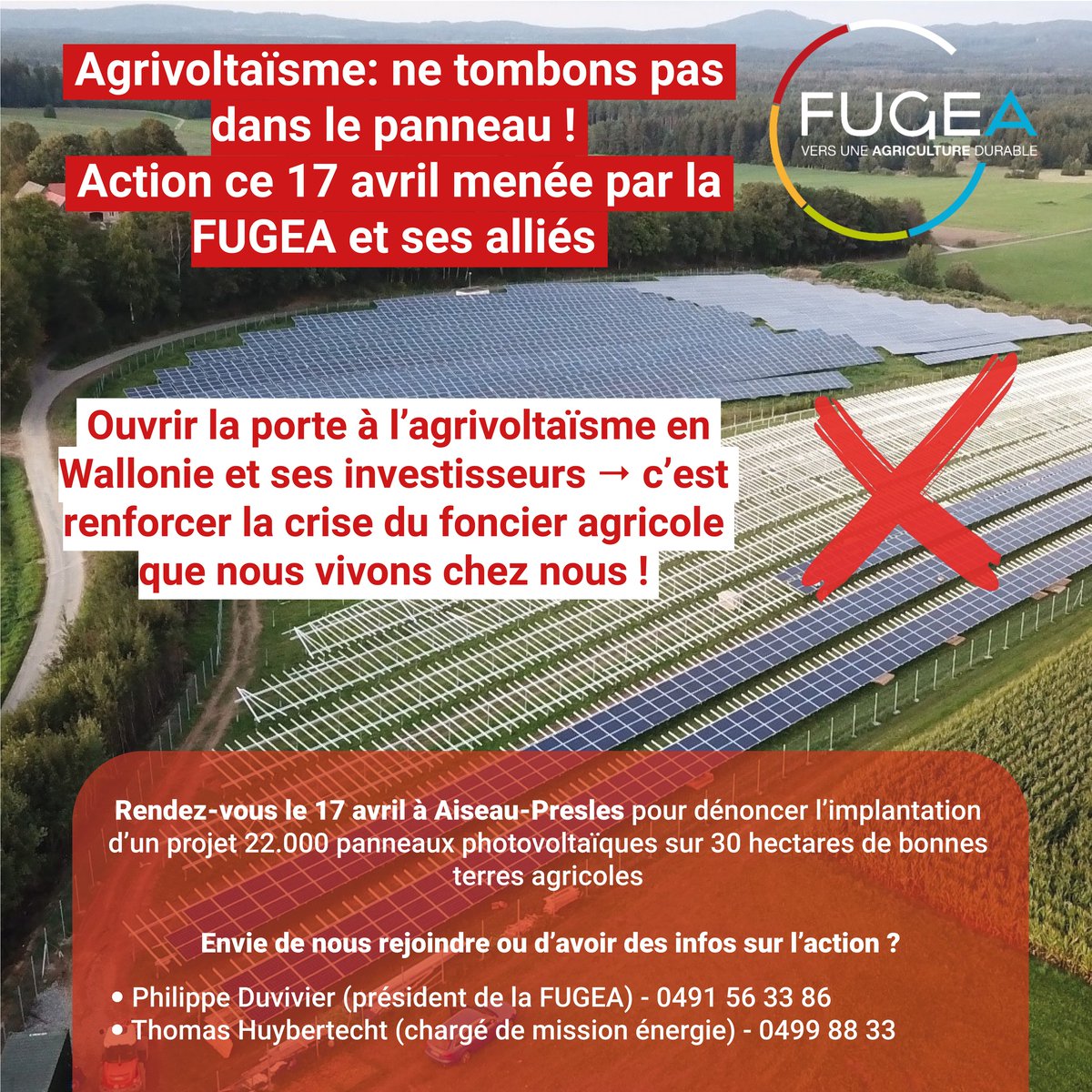 💥 Le #17avril on passe à l'action pour dénoncer l'agrivoltaïsme en Wallonie! 📌Rendez-vous à Aiseau-Prêle pour dénoncer l'implantation d'un projet de 22.000 panneaux photovoltaïques sur 30 ha de bonnes terres agricoles Info : luttespaysannes.be/spip.php?artic…