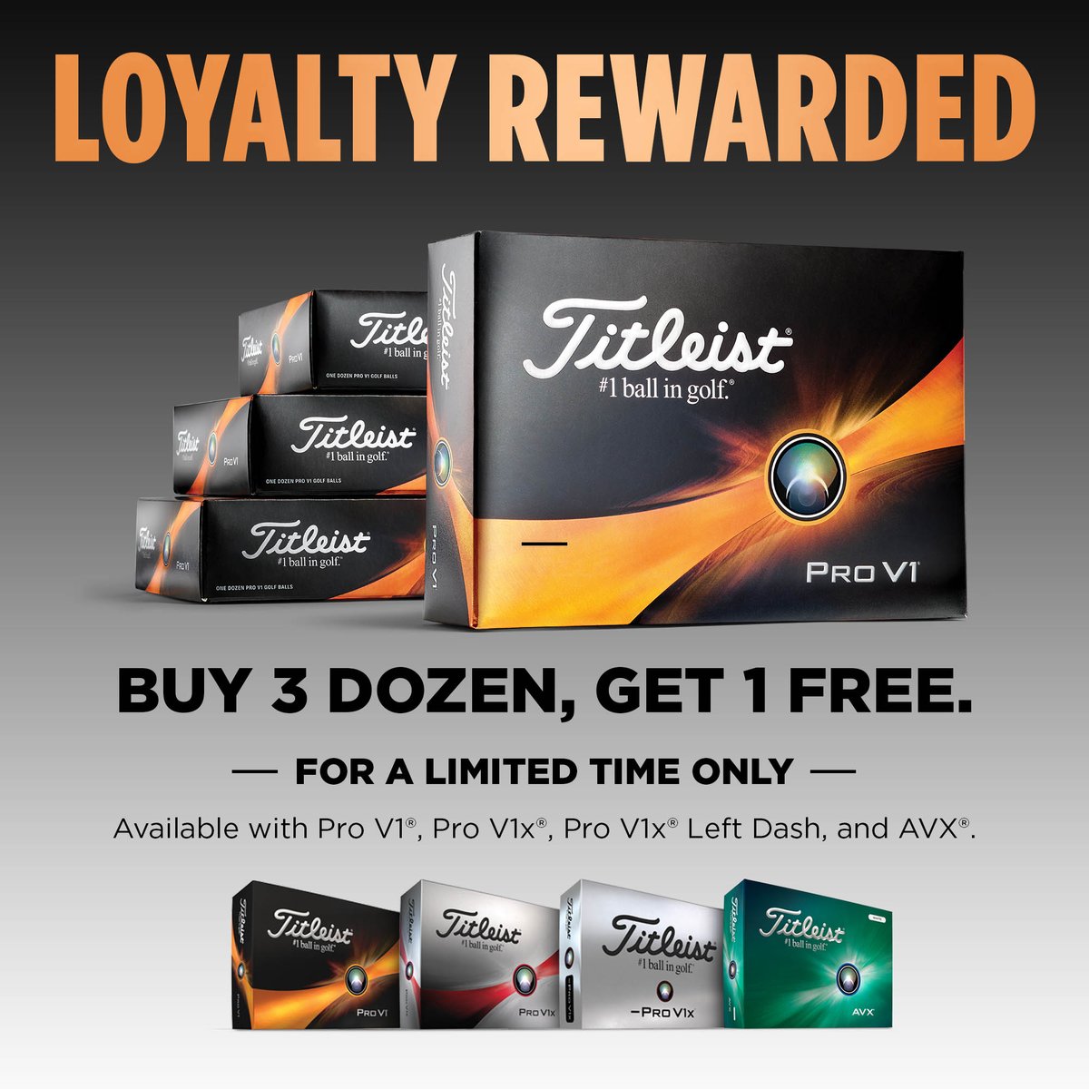LOYALTY REWARDED ✅ Buy 3️⃣ dozen, get 1️⃣ dozen free! Available with Pro V1, Pro V1x, Pro V1 Left Dash and AVX 👉bit.ly/4aOIGpo