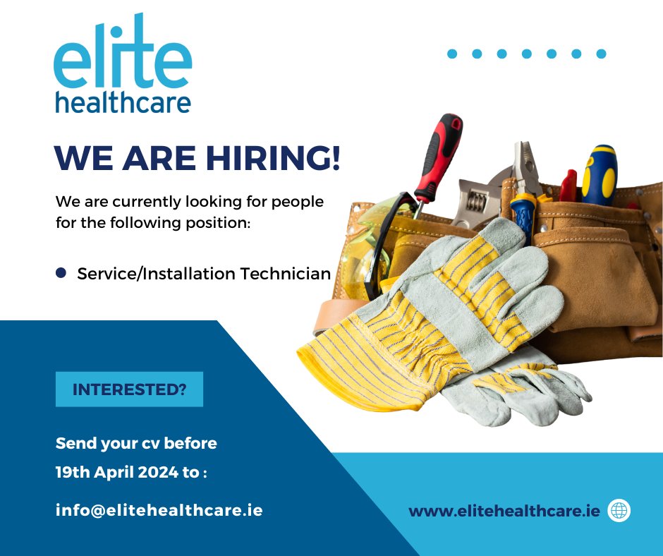 Do you enjoy working with tools and being on the road.
We are looking for someone based in Dublin to join our team, installing and servicing our range of medical devices across our nationwide customer base.  #jobsearch #technician #FieldServiceEngineer #medicaldevice