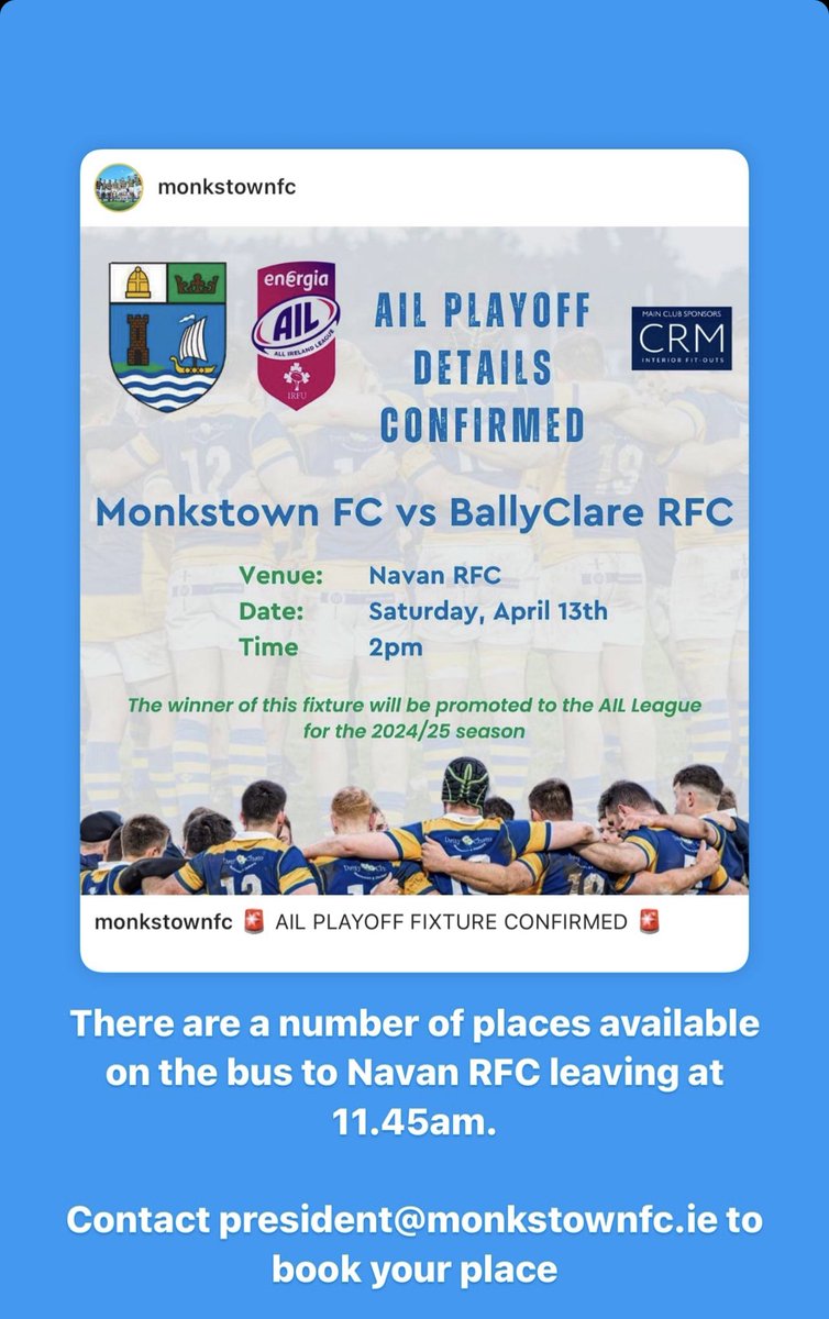 There are a number of spaces available on the bus to Navan leaving at 11.45am.

To book your spot, please contact:

President@monkstownfc.ie

#WanThetown