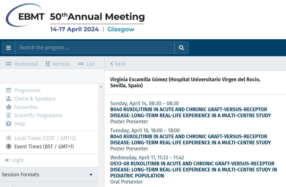 Representación de @HospitalUVRocio y @ibis_sevilla en #EBMT24 👩‍⚕️La dra Virginia Escamilla Gómez participa con 2 posters y una presentación oral: El uso de ruxolitinib en EICH en en población pediátrica estudio retrospectivo y multicéntrico que demuestra eficacia #SomosHUVR