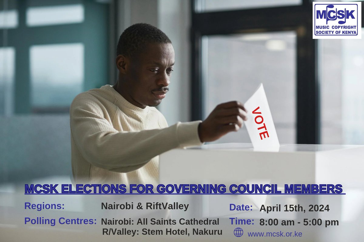 MCSK ELECTIONS 2024 FOR GOVERNING COUNCIL MEMBERS. Regions: Nairobi & RiftValley. Venue/Polling Station: Nairobi - All Saints Cathedral. RiftValley : Nakuru - Stem Hotel. Date: April 15th, 2024. Time: 8:00 am - 5:00 pm. #MCSKElections2024 #MCSK