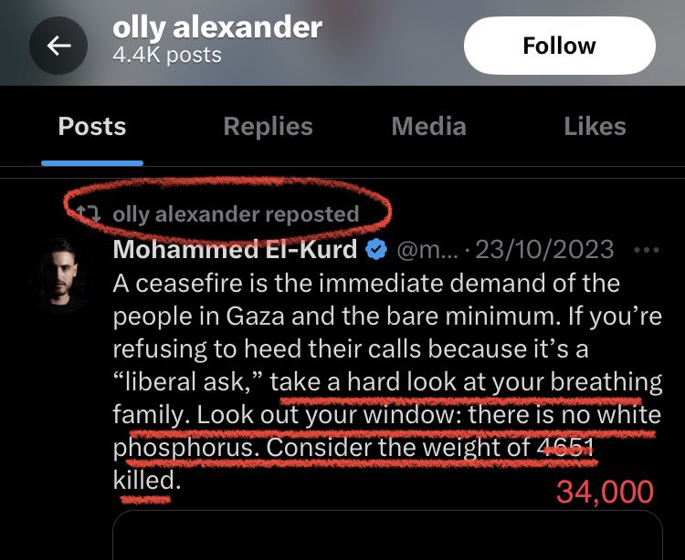 Please revisit your own timeline from October @alexander_olly and “take a hard look at your breathing family… consider the weight of 34,000 killed” Participating in #Eurovision will help legitimise genocide. Nothing else matters #BoycottEurovision2024