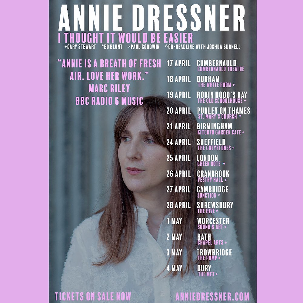 *THIS JUST IN* I will be supporting @badly_drawn_boy on 17th May as part of the Nantwich Roots Festival @NantwichRoots! But, I’ll maybe see you first next week during my headline tour! Can’t wait for all of this!!! All Tickets: AnnieDressner.com