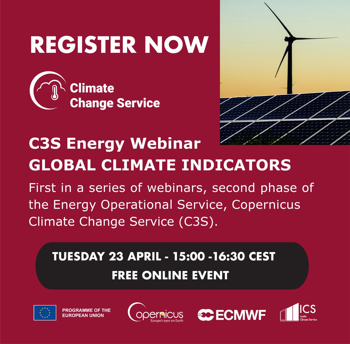 📢New webinar 👇 #C3S Energy Webinar: Global Climate Indicators, will explore topics such as bias adjustment, temporal downscaling, exclusion layers, wind speed scaling and spatial aggregation. 🗓️23rd April ⏰15:00 CEST 🖥️Online and free Register here 👉us02web.zoom.us/webinar/regist…