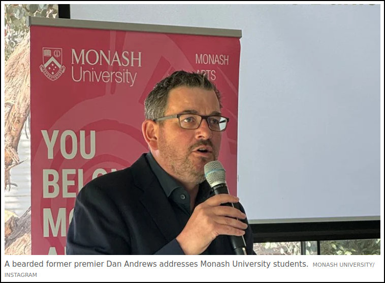 A dishevelled Daniel Andrews recently addressed aspiring Monash University students. His advice to them? 'Never waste a day'. From the man who took a leisurely 7 years to complete his arts degree at Monash. You hypocrite. #springst #DictatorDan