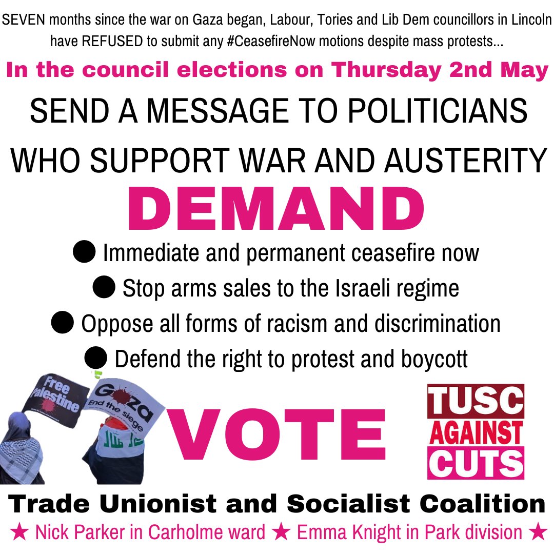 7 months into the war on #Gaza and not one #CeasefireNow motion has even been debated in our local councils by Labour, Tory and Lib Dem cllrs despite mass protests. In the May elections, you can send a message to politicians who support war and austerity. Vote @TUSCoalition.