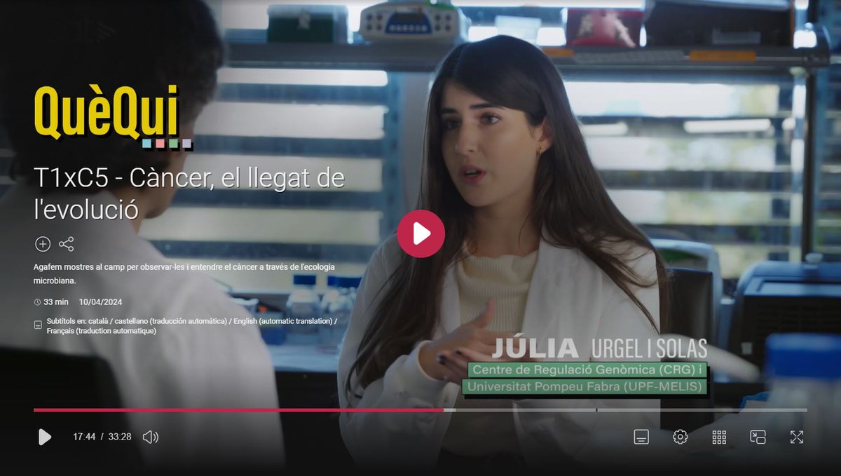 📺 Supercontents que @som3cat torni a apostar per la #divulgaciócinetífica amb el #QuèQui3Cat 🤓🦠 i encara més que la @Juliaurgelsolas, estudiant de doctorat de la @UPFBarcelona i el @CRGenomica s'hagi 'colat' a la primera temporada 🧫😊 L'episodi, aquí: ccma.cat/3cat/cancer-el…