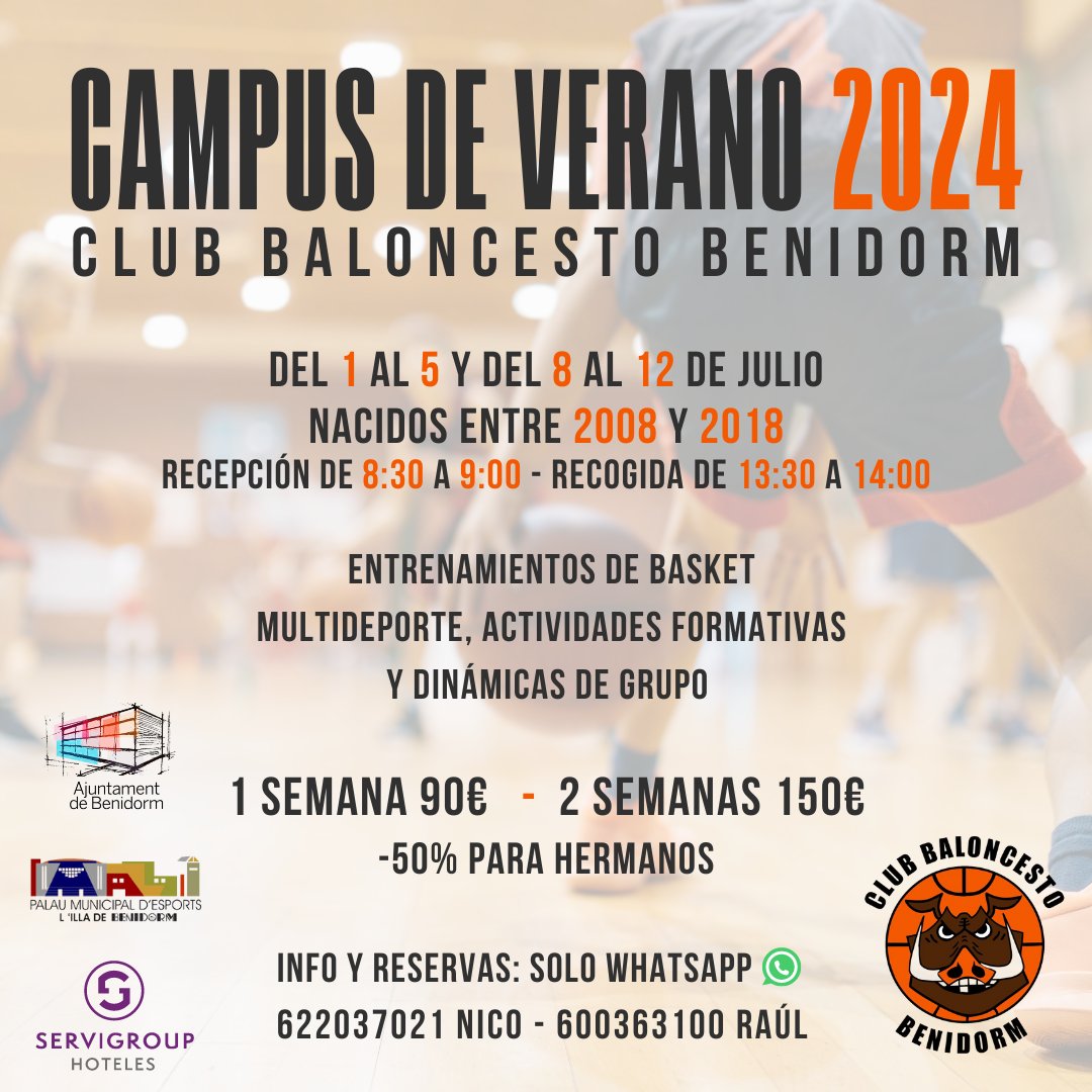 🏀 CAMPUS DE VERANO CB BENIDORM 2024 ☀️ 🗓️ Del 1 al 5 y del 8 al 12 de julio ⛹️ De 6 a 16 años (nacidos del 2008 al 2018) ⏰ Recepción de 8:30 a 9:00 - Recogida de 13:30 a 14:00 🏟 Palau d'Esports L'Illa de Benidorm