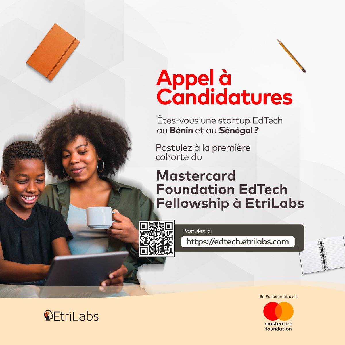 👩🏽‍💻 𝗦𝗮𝗶𝘀𝗶𝘀𝘀𝗲𝘇 𝗹'𝗼𝗽𝗽𝗼𝗿𝘁𝘂𝗻𝗶𝘁𝗲́ 𝗱𝗲 𝗰𝗼𝗻𝘀𝘁𝗿𝘂𝗶𝗿𝗲 𝘂𝗻 𝗲́𝗰𝗼𝘀𝘆𝘀𝘁𝗲̀𝗺𝗲 𝗲́𝗱𝘂𝗰𝗮𝘁𝗶𝗳 𝗱𝘆𝗻𝗮𝗺𝗶𝗾𝘂𝗲 𝗮𝘂 𝗕𝗲́𝗻𝗶𝗻 𝗲𝘁 𝗮𝘂 𝗦𝗲́𝗻𝗲́𝗴𝗮𝗹

Le programme Mastercard Foundation EdTech Fellowship à EtriLabs, qui vise à accélérer 𝟯𝟲