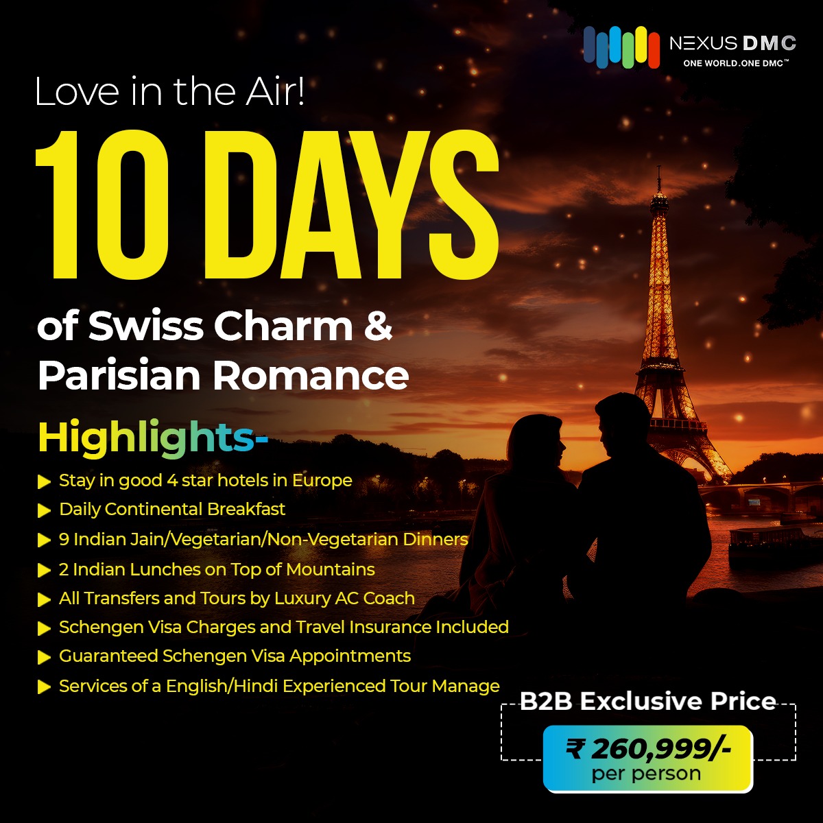 NexusDmc's tweet photo. Fall in love with 10 days of Swiss charm and Parisian romance! Stay in exquisite 4-star hotels, savor daily continental breakfasts, and enjoy Indian meals amidst stunning mountain views. 

To know more, call us at: 08047104721
https://t.co/ZAgVIVZUwG

#NexusDMC #B2BExeclusive https://t.co/vKc057yFHV