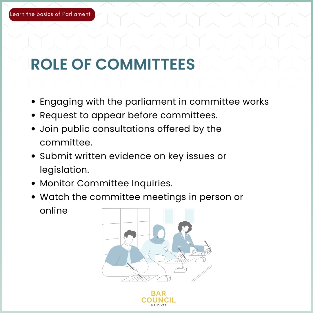 Parliamentary committees offer citizens a useful platform to voice their concerns in parliament. There are currently 20 committees in the People’s Majlis. #BarCivicEd