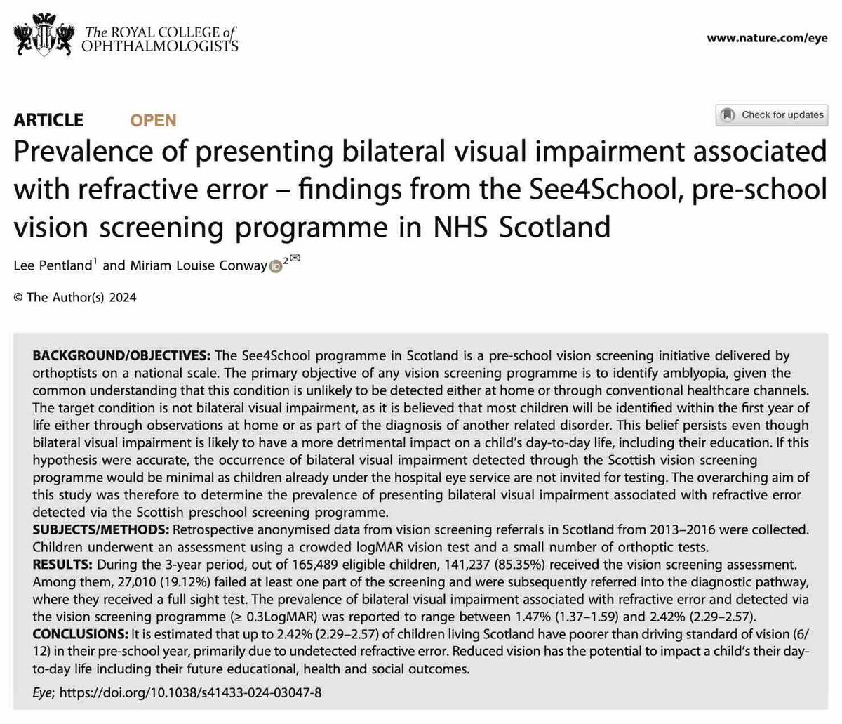 This paper reports on the prevalence of presenting bilateral visual impairment associated with refractive error, in Scottish children attending their pre-school vision screening programme. Read in full #OpenAccess here: nature.com/articles/s4143… #Ophthalmology #Scotland #FOAMed