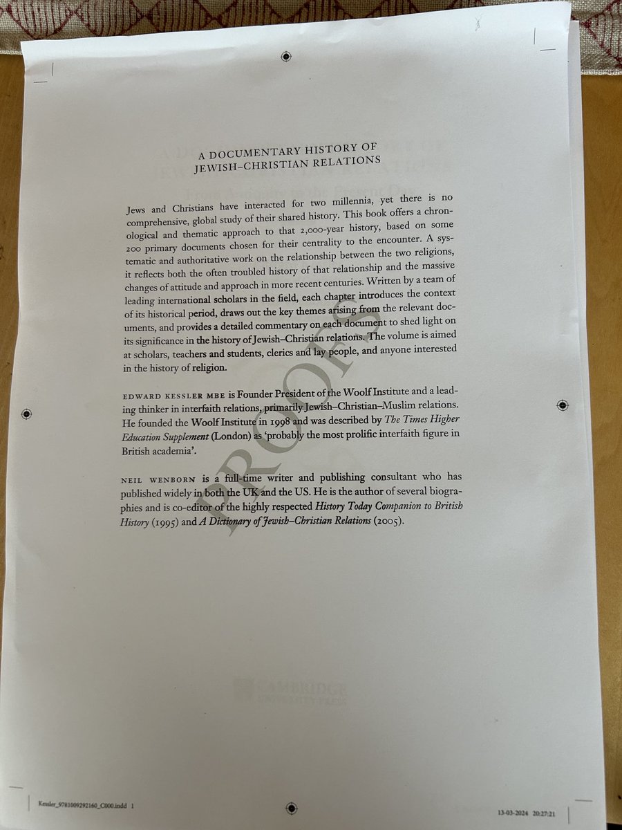 After 3 years preparation, final proofs of ‘A Documentary History of Jewish-Christian Relations’ have arrived. Co-edited with my friend Neil Wenborn, this is the first comprehensive history of relations over 2000 years. Published ⁦@CambUP_Religion⁩ in Sept. ⁦@CCJUK⁩