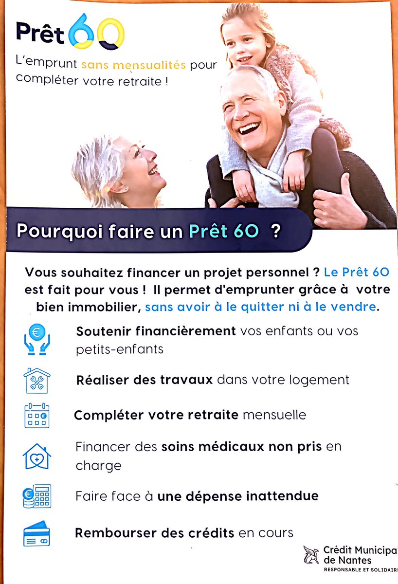 Lancement du Prêt 60 au <a href="/creditmnantes/">Crédit Municipal Nantes</a> Une solution nouvelle pour les seniors propriétaires de leur logement mais dont les revenus sont insuffisants pour accéder au crédit ! L’innovation sociale et financière au service de tous !