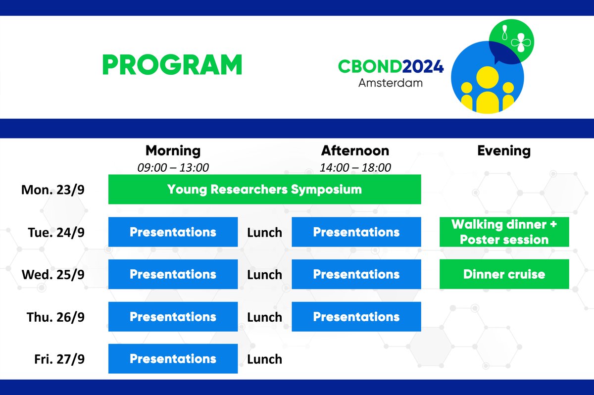 📣 In addition to the top presentations, we have organized two exciting events during @CBOND2024! 🔥 1) A walking dinner + a poster session. 👩‍🏫👨‍🏫 2) A lovely boat cruise through the idyllic Amsterdam canals with dinner onboard. 🛥️ 🍲