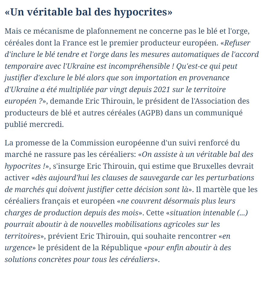 🌾🇺🇦🇪🇺Europe, Ukraine et céréales : notre appel à rencontrer @EmmanuelMacron en urgence ! 'Qu'est-ce qui peut justifier d'exclure le blé alors que son importation en provenance d'Ukraine a été multipliée par 20 depuis 2021 ?' 📰A lire dans @Le_Figaro 👉bit.ly/AGPB-Figaro-AT…