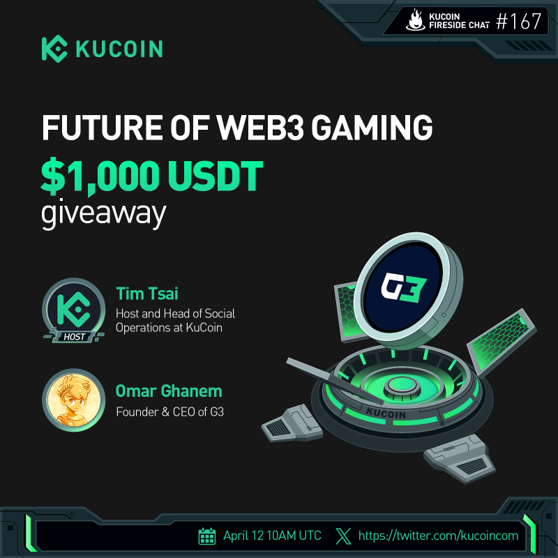 kucoincom's tweet photo. 🔥 Tune in on our next Fireside chat as we dive into the future of Web3 Gaming with @gam3sgg!
 
🎁$1,000 in USDT (10 winners)
 
1️⃣Follow @kucoincom &amp; @gam3sgg
2️⃣RT, like &amp; tag 2 friends
3️⃣Fill in form: https://t.co/bbqgqKcpky
4️⃣Join the space
 
✅Set a reminder