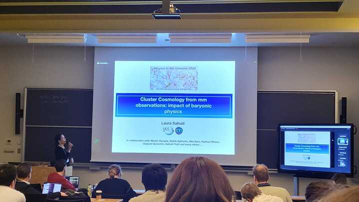 ByoPic_ERC's tweet photo. Baryon Picture of the Cosmos (ByoPiC) at the "Baryons in the Universe conference in IPMU: Laura Salvati now reviewing SZ cluster cosmology and baryonic impacts 😍 https://t.co/xgSU62UEi5