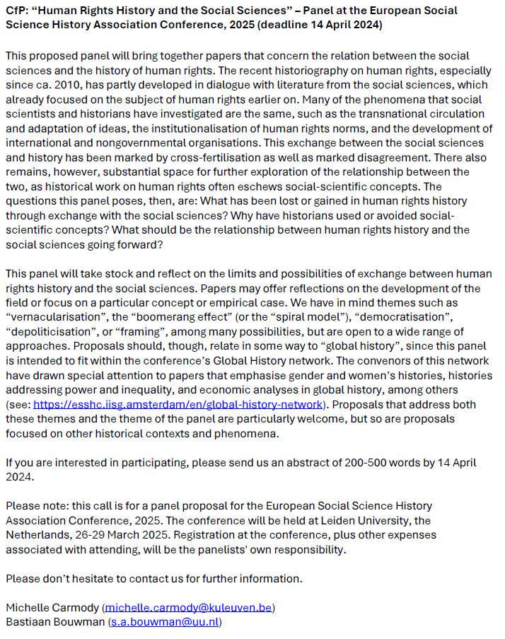 CfP: 'Human Rights History & the Social Sciences' for a panel @ESSHC25 that @michelle_torino and I are organizing. See below for full text - deadline for abstracts is 14 April (apologies for the short notice). Do reach out if interested!