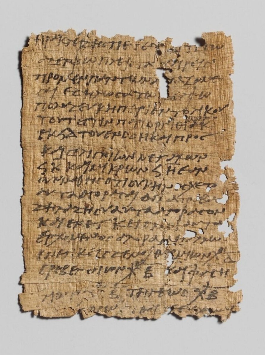 An early 3rd century CE papyrus containing a letter written by Heraclides to his brother Petechois. He requests a list of items: poultry, bread, lupines, chick peas, beans and fenugreek. Roman Egypt. Metropolitan Museum of Art, New York (25.8) metmuseum.org/art/collection…