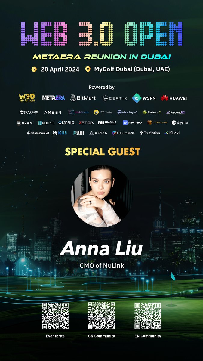 🎉 Miss. Anna has been invited to attend the 'Web 3.0 Open - Meta Era Reunion in Dubai'! It's an honor to have Miss Anna, the CMO of @NuLink_. #NuLink is a ZK Provable Data Privacy Solution for Decentralized Applications (DApps). NuLink is on a mission to build a solution that…